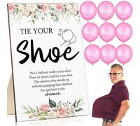 Roowest 51 letreros de madera con texto en inglés "Tie Your Shoe", para baby shower, juegos de regalo, revelación de género, regalos de fiesta, 50 globos de látex para suministros de juego (rosa