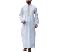 Ropa árabe hombres musulmanes caftán abaya túnica tripulación cuello alto tóbe árabe oración traje de juramento con bordado ropa islámica de Oriente Medio Ropa de oración, O blanco., XXL