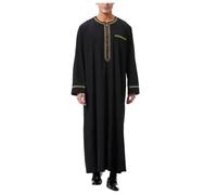 Ropa árabe hombres musulmanes impresión caftán árabe oración juramento traje de Oriente Medio Abaya túnica tripulación cuello alto tóbe con estampado ropa islámica hombres ropa de oración, O negro
