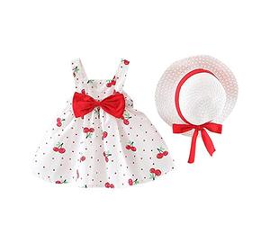 Ropa Bebe Niña Verano 2019 SHOBDW Vestidos+Sombrero Vestidos De Bebé Recién Nacida Estampado De Cereza Punto Sin Mangas Delgado Mini Vestidos De Fiesta De Cumpleaños Bowknot Lindo(Rojo,6-12)