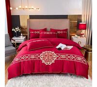 Ropa Cama Boda roja algodón eembroidería Satinado Silky Druvet Conjunto Almohada de Hoja Ajustada (Color: A Size: King (una Queen 200x230cm 4pcs)