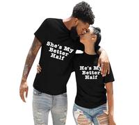 Ropa casual de color sólido con interesante estampado de letras inglesas, cuello redondo, manga corta, ropa para amantes, chico, ella es mi mejor blusa negra con lunares blancos, Negro , 3XL