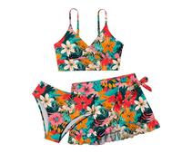 Ropa De BañO-Conjunto De Traje De BañO De 3 Piezas con Estampado Floral para Playa para NiñAs, Elegante Traje De BañO De Verano para NiñAs Grandes Y Preadolescentes