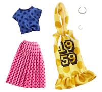 Ropa de Barbie: 2 conjuntos para mu eca con lunares en un vestido con capucha amarilla, un top azul y una falda rosa, adem s de 2 accesorios, reg