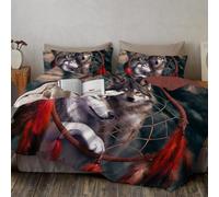 Ropa De Cama 3D Atrapasueños De Pareja De Lobos Rojo Animales De Fantasía,Reversible Funda De Edredón De Microfibra De Poliéster Fundas De Cremallera Oculta Y Funda De Almohada,260X220Cm