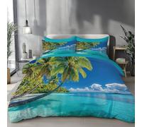 Ropa De Cama 3D Isla Palm Azul-Verde Playa Tropical,Reversible Funda De Edredón De Microfibra De Poliéster Fundas De Cremallera Oculta Y Funda De Almohada,220X240Cm