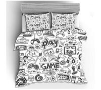 Ropa de Cama con Impresión 3D Consola de Juegos Graffiti Blanco y Negro Gris Niño Adolescente Creativo Suave Microfibra Cremallera Funda Nórdica con Funda de Almohada (Blanco,220x240 cm)