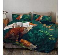 Ropa De Cama De Bosque Zorro 240x220cm, Suave Microfibra Juego De Ropa De Arte De La Naturaleza De Los Cuentos De Hadas Incluye 1 Funda Edredon Y 2 Fundas de Almohada para Camas Y Dormitorios