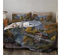 Ropa De Cama De Montañas Lagos Casas 200x200cm, Suave Microfibra Juego De Ropa De Paisaje De Otoño Incluye 1 Funda Edredon Y 2 Fundas de Almohada para Camas Y Dormitorios