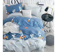Ropa de cama infantil de 135 x 200 cm para niños con diseño de astronauta y cohete, 100% algodón, 80 x 80 cm, funda de almohada con cremallera, 2 piezas, color azul