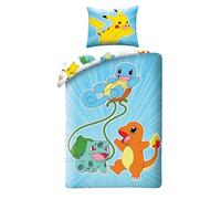 Ropa de cama infantil reversible con certificado Öko-Tex, funda nórdica de 140 x 200 cm y funda de almohada de 70 x 90 cm, diseño de Pokémon con Pikachu, Glumanda, Scyther y Bulbasaur