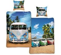 Ropa de cama reversible con diseño de Volkswagen Bulli, 135 x 200 cm + 80 x 80 cm, Volkswagen Bus T1, 100% algodón en calidad de linón renforcé, furgoneta, retro, playa, surf, autobús, ropa de cama