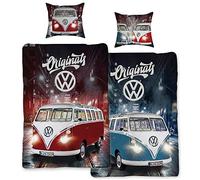 Ropa de cama VW Volkswagen Bulli Originals de tamaño grande 155 cm x 220 cm + 80 cm x 80 cm rojo azul 100% algodón RenforcéLinonCalidad Retro Camper Van 2 diseños ropa de cama reversible cremallera