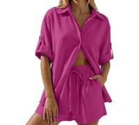 Ropa de descanso de dos piezas para mujer, camisa abotonada y pantalones cortos de ajuste holgado, conjunto cómodo a juego para estancias de playa y momentos de vacaciones de verano, hot pink, L