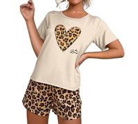 Ropa de dormir de algodón para mujer, talla grande, conjunto de pijama de manga corta para mujer, conjunto de pijama corto, ropa de descanso, pantalones cortos, ropa de dormir y top, beige, XL