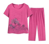 Ropa de dormir de lino y algodón para mujer, conjunto de descanso con estampado retro, camiseta de manga corta a juego con pantalones de pierna ancha de algodón y lino, pijama de verano de 2 piezas