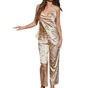 Ropa de dormir para mujer, de satén de verano, traje de casa para mujer, elegante juego de pijama de seda de 2 piezas, juego de pijama sexy, cuello de cascada, cami, top de pierna recta, pantalones de