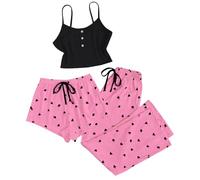 Ropa de dormir para mujer, juego de 3 piezas, pijama corto para mujer, conjunto de ropa de salón dulce con estampado de caridad, pantalón de dormir de punto acanalado, cami top pijama, chic, informal