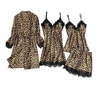 Ropa de dormir y salón para mujer de seda - Negligee Sexy Leopard Bata Juego de 4 Piezas Conjuntos de Pijama Elegante Leo Encaje Ropa de Dormir Delgada Transpirable Sleepwear Pijama Fiesta Camisón