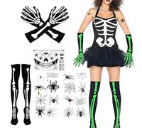 Ropa de esqueleto luminosa para Halloween,Medias de Esqueleto para Mujer - Guantes, medias, tatuajes de calavera y araña - Talla única - Color negro
