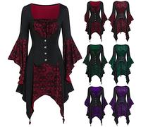 Ropa de Halloween para mujer, disfraz gótico de fantasía para mujer, estilo punk, bruja, blusa, vestido renacentista, vintage, manga abombada, cintura y cintura elegante, fiesta, manga 3/4, corsé