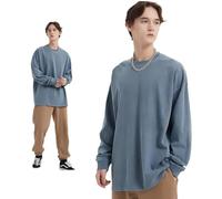 Ropa De Hombre | Camiseta De Manga Larga Lavada Vintage Pesada De 310G, Camiseta Básica De Color Sólido Lavada Y Holgada para Hombres.,Gris Azul,XL
