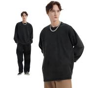 Ropa De Hombre | Camiseta De Manga Larga Lavada Vintage Pesada De 310G, Camiseta Básica De Color Sólido Lavada Y Holgada para Hombres.,Negro Antiguo,XL