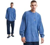 Ropa De Hombre | Camiseta De Manga Larga Lavada Vintage Pesada De 310G, Camiseta Básica De Color Sólido Lavada Y Holgada para Hombres.,Azul Oscuro,l