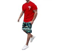 Ropa De Hombre Verano Conjunto De Dos Piezas con Estampado Palmeras Y Atardeceres Camisa Manga Corta Y Pantalones Cortos Holgados Chandal Hombre Completo Playero para Disfrutar Reso