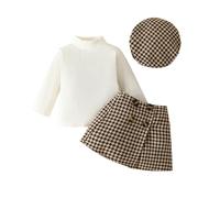 Ropa de invierno para bebés y niñas, camisetas de manga larga acanaladas, faldas estampadas de pata de gallo, boina, conjunto de ropa para niña, 68, marrón, 18- 24 Meses