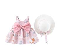 Ropa de Maternidad Bebé Niña Vestido Tutú Verano Sin Mangas Espalda Descubierta Princesa Cumpleaños Fiesta Vestidos Flores Lazo Vestido Con Sombrero De Paja Conjunto Mini Ratón Ni, Rosa., 2-3 años