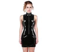Ropa de mujer PVC brillante charol 3 cremallera cuello alto bolsa cadera apretado vestido noche cantante rendimiento ropa más tamaño, negro, XXL
