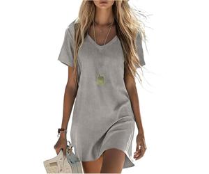 Ropa De Mujer Verano, Vestido Mujer Casual Vestidos De Fiesta Elegantes Vestido Casual Algodón Y Lino Color Liso para Vestidos Camisero Manga Corta con Cuello En V Tipo Camiseta Holgado hasta La