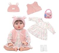 Ropa de muñeca bebé para muñecas de 20-22 pulgadas, conjunto de 5 piezas elegante y lindo de 20-22 pulgadas de color rosa con 1 vestido + 1 chaleco rosa + 1 sombrero de peluche + 1 bolso + calcetines