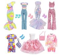 Ropa de muñeca de 11.5 pulgadas compatible con Barbie 1 vestido floral, 1 falda de sirena de lentejuelas, 1 falda de sirena de un hombro, 4 conjuntos de trajes de tops y pantalones, 2 bolsas, 5