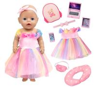 Ropa de muñeca rosa para muñecas de 35-45 cm, 9 piezas de vestido de muñeca accesorios con vestido, cojín para el cuello, mochila, antifaz para el pelo, juego de juguetes para bebés de 14 a 18