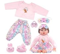Ropa de muñeca rosa Pony de 6 piezas para muñecas de 50 a 55 cm, conjunto de pijama con parte superior de manga larga, pantalones de lazo, zapatos de conejo de peluche, máscara de ojos, chupete