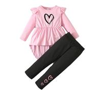 Ropa De NiñO,Conjunto de 2 Piezas para niña,Camiseta de Manga Larga y pantalón,Conjunto Informal con Estampado de Corazones, túnica Peplum con Mangas abullonadas y Leggings,Ropa para niñas pequeñas