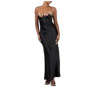 Ropa de oración para niñas de un solo color, fruncido, sin espalda con decoración floral, vestido largo sin mangas con cinta trasera para fiestas, clubes, citas, ropa de verano para mujer, Negro , M