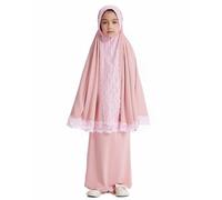 Ropa de oración para niños, Abaya Niños Niñas de Manga Larga Vestido Musulmán Islámico Árabe Turco Túnica Ramadán Largo Oración Vestido Hijab Completo Cubierta Y Falda Conjunto de Dos Piezas Dubai