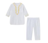 Ropa de oración para niños Bordado Musulmán Abaya Transpirable Jubba Thobe Simple Musulmana Bata Holgada Ropa Étnica Suave Caftán Moda Largo Túnica Cómodo Abaya Vestido Para 3-11 Años, Blanco, 9-10