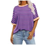 Ropa de palomitas de maíz Mujeres Verano Casual Cuello Redondo Camiseta de Moda a Rayas Gradiente Impreso Puños Manga Corta Camiseta Top, morado, XL