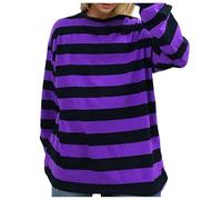 Ropa de palomitas de maíz para mujer, camisetas de manga larga para mujer, informal, cuello redondo, camisetas a rayas 2024, blusas de moda, morado, M