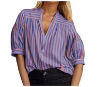 Ropa de palomitas de maíz para mujer tops de moda versátil suelto camisa a rayas manga corta, morado, L