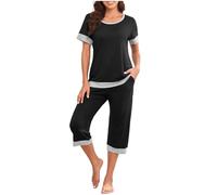 Ropa de salón para Mujer, Women's Blue Lounge Wear Sets - Short Sleeve Pyjamas with Pockets, Round Neck T-Shirts & Wide Leg Shorts - Summer 2 Piece Casual Nightwear(01#Black,S)