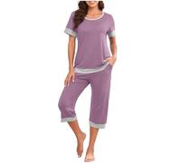 Ropa de salón para Mujer, Women's Blue Lounge Wear Sets - Short Sleeve Pyjamas with Pockets, Round Neck T-Shirts & Wide Leg Shorts - Summer 2 Piece Casual Nightwear(01#Purple,L)