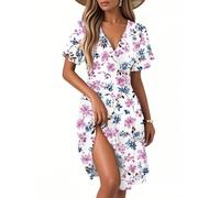 Ropa De Verano Mujer, Summer Dresses For Women Vestido Verano Mujer Vestido Midi Elegante De Manga Corta con Cuello En V Y Estampado Floral para Vestidos Playa Holgado Vestidos Corte A Fluido Ligero