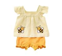 Ropa De Verano para Niñas Transpirable Conjunto de Camiseta, Shorts y Tops con Volantes y Estampados de Dibujos Animados a Cuadros y Mangas con Volantes para niñas pequeñas.