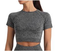 Ropa de yoga deportiva para mujer, de color liso, diseño de lunares, manga corta, alta elasticidad, ajustada, ropa de fitness, secado rápido, ropa deportiva camiseta con estampado, gris oscuro, L