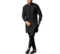 Ropa formal para hombres africanos Dashiki camisa y pantalón traje de dos piezas tradicional de manga larga trajes, Negro, Large